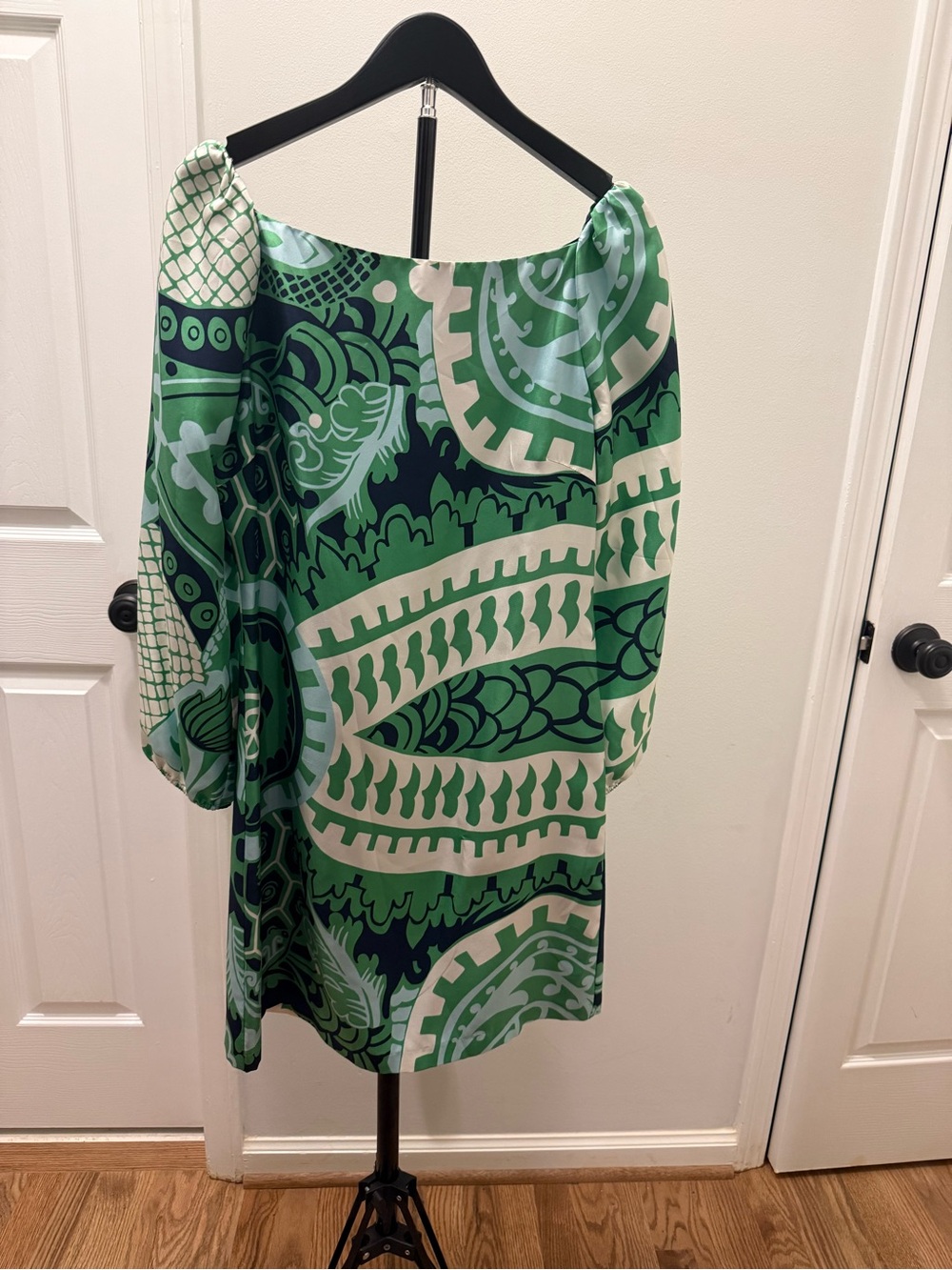 Silk Green Printed Off-Shoulder Tunic Dress